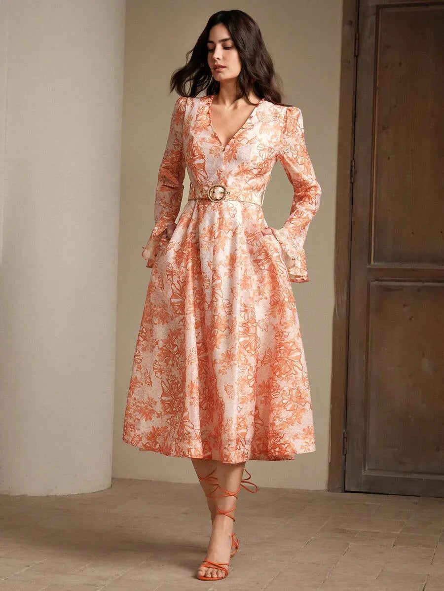 Vacation Style Floral Print Pearl Decor VNeck Cinched Waist Rhinestoned Ladies Dress