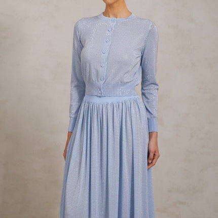 Vada Blue Knitted Rhinestone Embellished Skirt Top Set