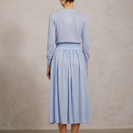 Vada Blue Knitted Rhinestone Embellished Skirt Top Set