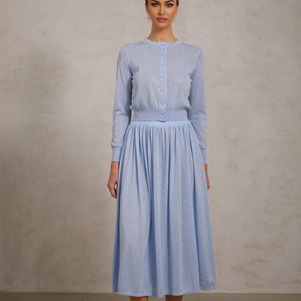Vada Blue Knitted Skirt Top Set Rhinestone Embellishments Ribbed Hem Front Button Fastening Pleated Detailing Elasticated Waistband Calf Length Silhouette