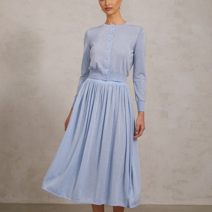 Vada Blue Knitted Skirt Top Set Rhinestone Embellishments Ribbed Hem Front Button Fastening Pleated Elasticated Waistband Calf Length