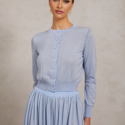 Vada Blue Knitted Skirt Top Set Rhinestone Embellishments Ribbed Hem Front Button Fastening Pleated Detailing Elasticated Waistband Calf Length Silhouette