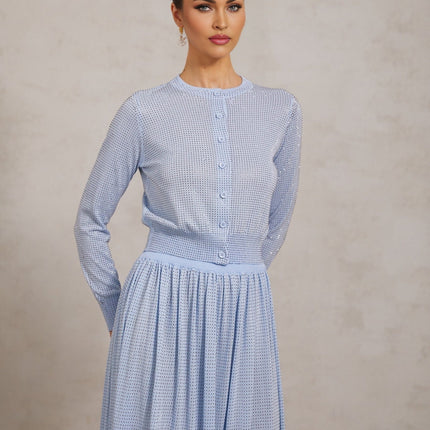 Vada Blue Knitted Skirt Top Set Rhinestone Embellishments Ribbed Hem Front Button Fastening Pleated Elasticated Waistband Calf Length