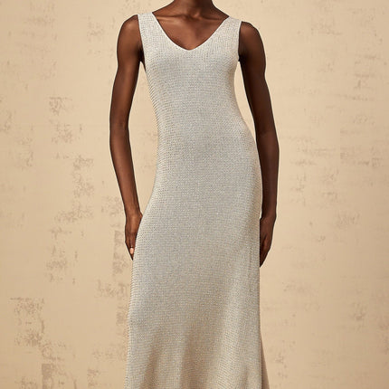 Vada Maxi Dress Rhinestone Knit Grey Silver Sleeveless Asymmetrical Hem Glamour Modern Style