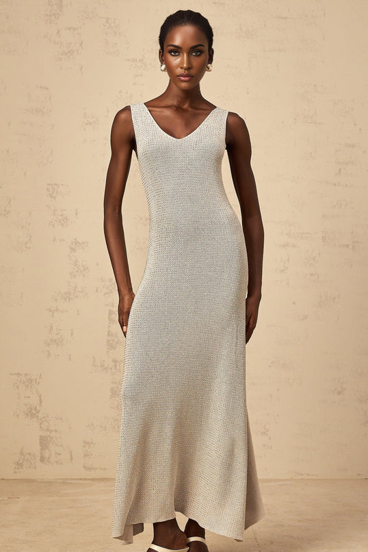 Vada Maxi Dress Rhinestone Knit Grey Silver Sleeveless Asymmetrical Hem Glamour Modern Style