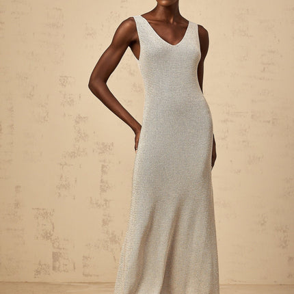 Vada Maxi Dress Rhinestone Knit Grey Silver Sleeveless V Neck Asymmetrical Hem