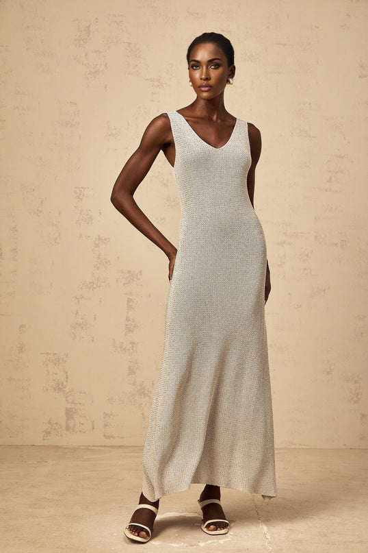 Vada Maxi Dress Rhinestone Knit Grey Silver Sleeveless V Neck Asymmetrical Hem