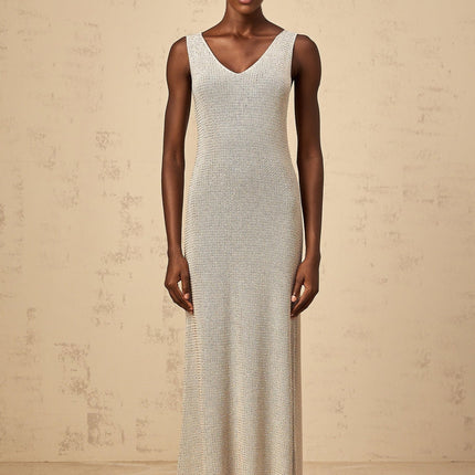 Vada Maxi Dress Rhinestone Knit Grey Silver Sleeveless V Neck Asymmetrical Hem