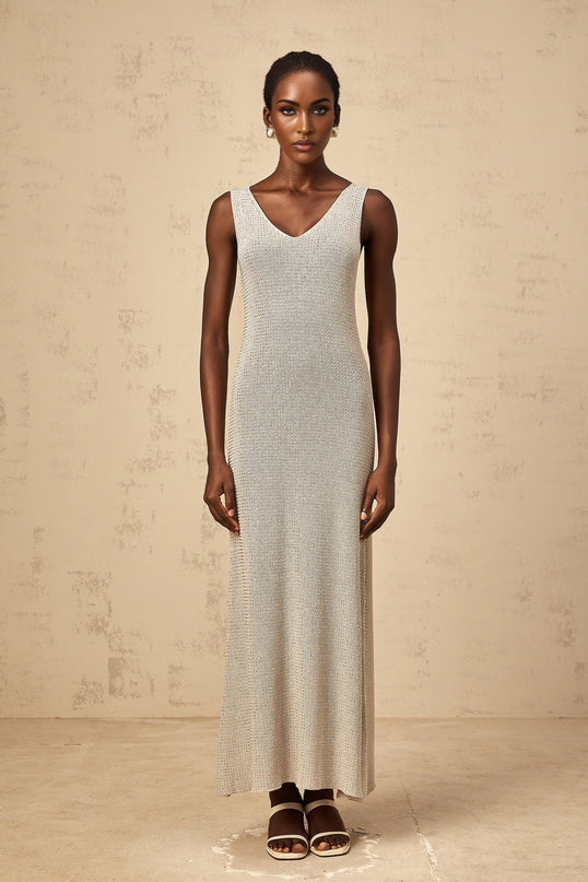 Vada Maxi Dress Rhinestone Knit Grey Silver Sleeveless V Neck Asymmetrical Hem