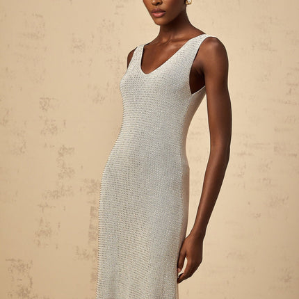 Vada Maxi Dress Rhinestone Knit Grey Silver V Neck Sleeveless Asymmetrical Hem Glamour Modern Style