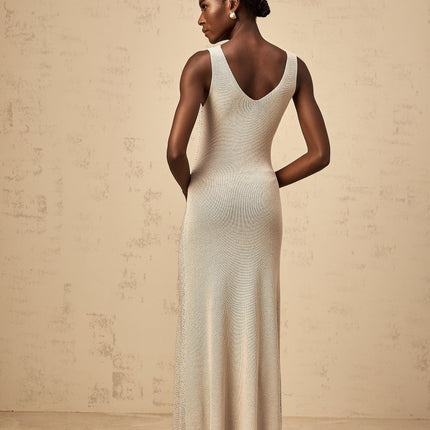 Vada Maxi Dress Rhinestone Knit Grey Silver Sleeveless V Neck Asymmetrical Hem