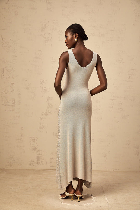 Vada Maxi Dress Rhinestone Knit Grey Silver Sleeveless V Neck Asymmetrical Hem