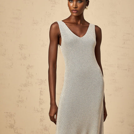 Vada Maxi Dress Rhinestone Knit Grey Silver Sleeveless V Neck Asymmetrical Hem