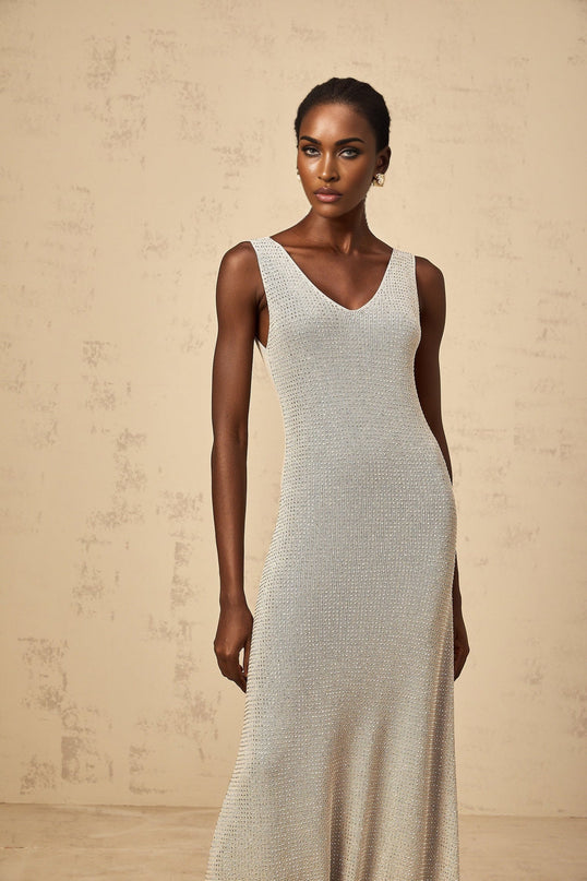 Vada Maxi Dress Rhinestone Knit Grey Silver Sleeveless V Neck Asymmetrical Hem