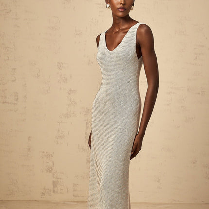 Vada Maxi Dress Rhinestone Knit Grey Silver Sleeveless V Neck Asymmetrical Hem