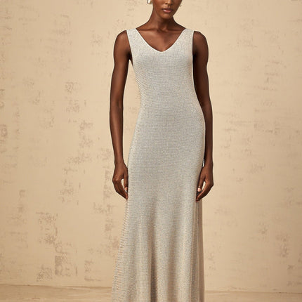 Vada Maxi Dress Rhinestone Knit Grey Silver Sleeveless V Neck Asymmetrical Hem