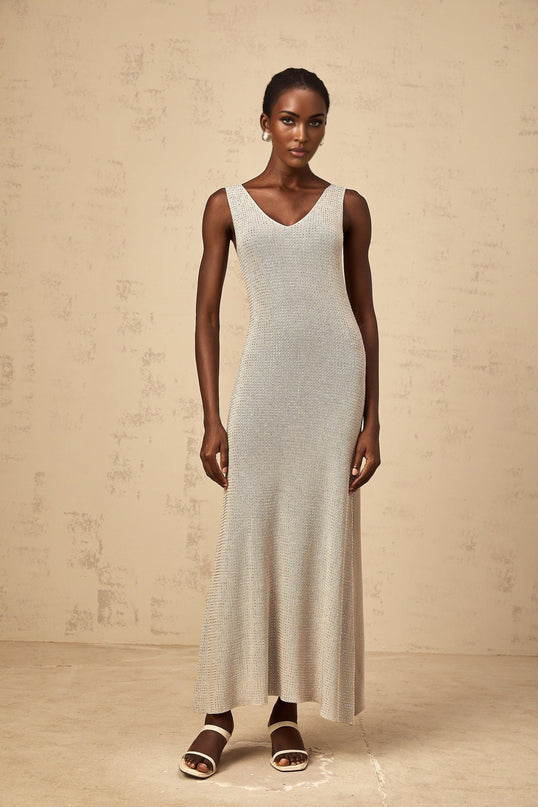 Vada Maxi Dress Rhinestone Knit Grey Silver Sleeveless V Neck Asymmetrical Hem