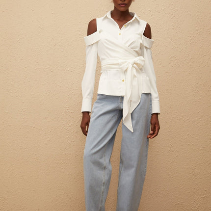 Vada Shirt White Terylene Fiber Cold Shoulder Long Sleeve Self-Tie Ruched Detailing Gold-Tone Buttons