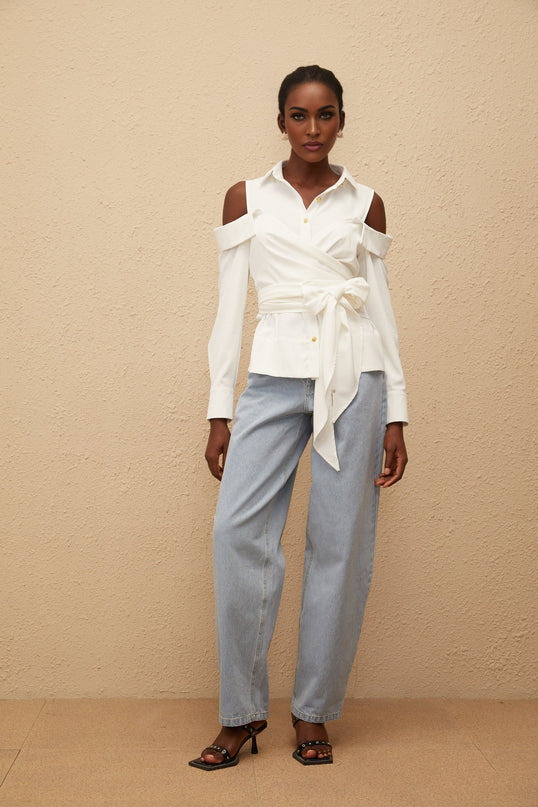 Vada Shirt White Terylene Fiber Cold Shoulder Long Sleeve Self-Tie Ruched Detailing Gold-Tone Buttons