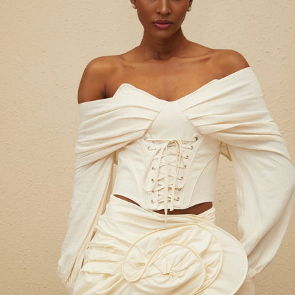 Vada White Off-Shoulder Crop Top with Lace-Up Detailing and Ruched Embellishments