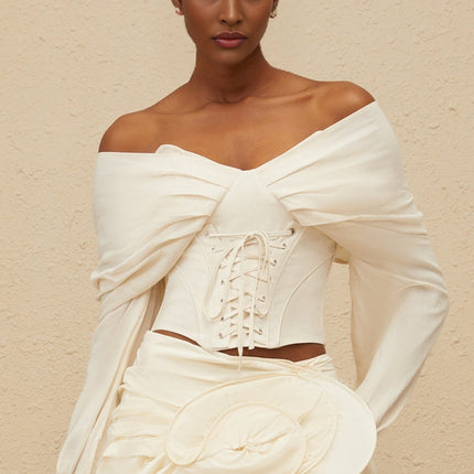 Vada White Crop Top with Lace-Up Detailing and Boned Bodice