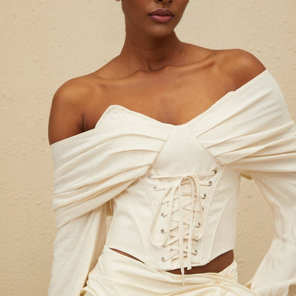 Vada White Crop Top with Lace-Up Detailing and Boned Bodice