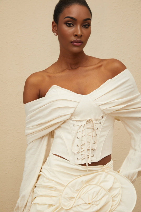 Vada White Crop Top with Lace-Up Detailing and Boned Bodice