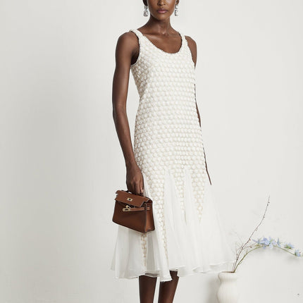 Vada White Midi Dress with Faux-Flower Embellishments and Irregular Hemline in Tulle Fabric