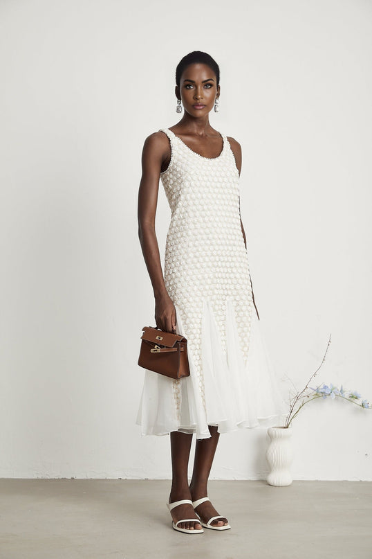 Vada White Midi Dress with Faux-Flower Embellishments and Irregular Hemline in Tulle Fabric
