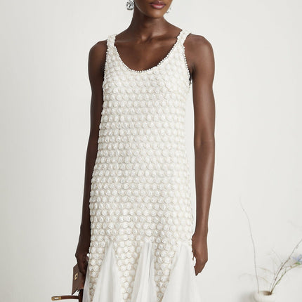 Vada White Midi Dress with Faux-Flower Embellishments on Tulle Fabric