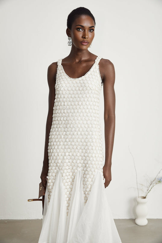 Vada White Midi Dress with Faux-Flower Embellishments on Tulle Fabric