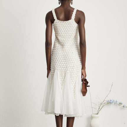 Vada White Midi Dress with Faux-Flower Embellishments on Tulle Fabric