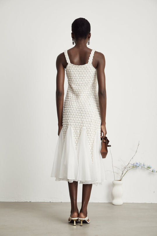 Vada White Midi Dress with Faux-Flower Embellishments on Tulle Fabric