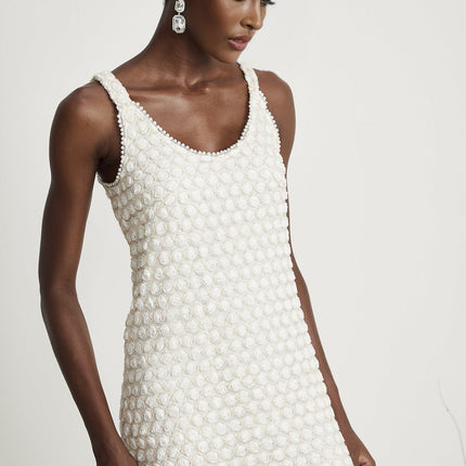 Vada White Midi Dress with Faux-Flower Embellishments on Tulle Fabric