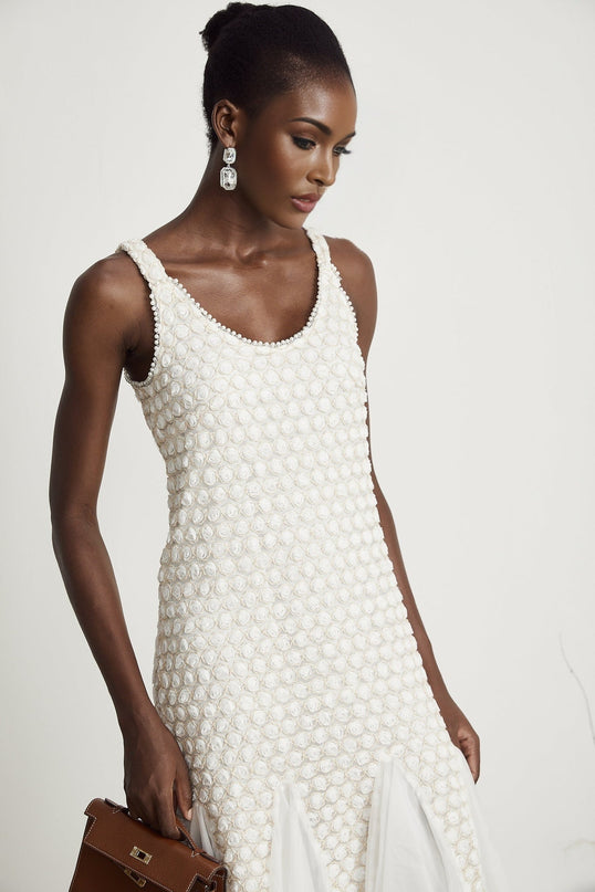 Vada White Midi Dress with Faux-Flower Embellishments on Tulle Fabric