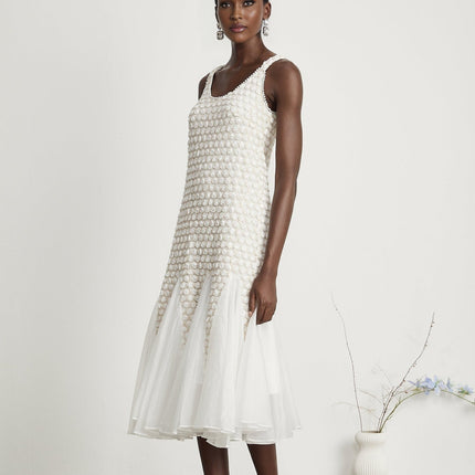 Vada White Midi Dress with Faux-Flower Embellishments on Tulle Fabric