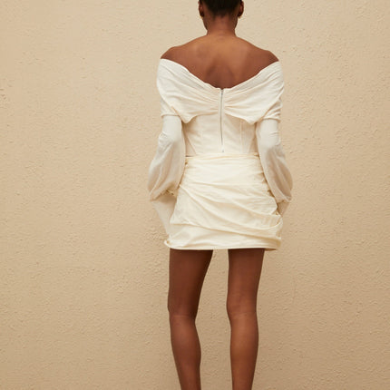Vada White Off-Shoulder Crop Top Long Sleeve Buttoned Cuffs Lace-Up Detailing Ruched Embellishments Boned Bodice Rear Zip Fastening