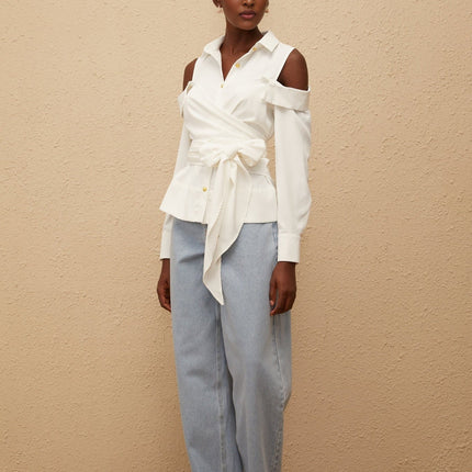 Vada White Terylene Fiber Shirt with Cold Shoulder Cut and Gold-Tone Buttons