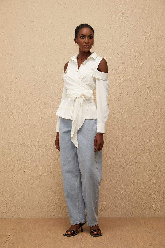 Vada White Terylene Fiber Shirt with Cold Shoulder Cut and Gold-Tone Buttons