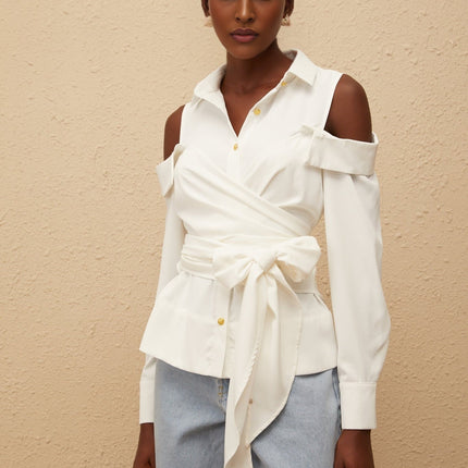 Vada White Terylene Fiber Shirt with Cold Shoulder Cut and Gold-tone Buttons