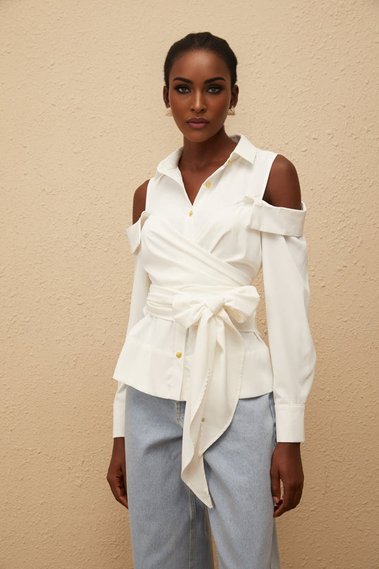 Vada White Terylene Fiber Shirt with Cold Shoulder Cut and Gold-tone Buttons