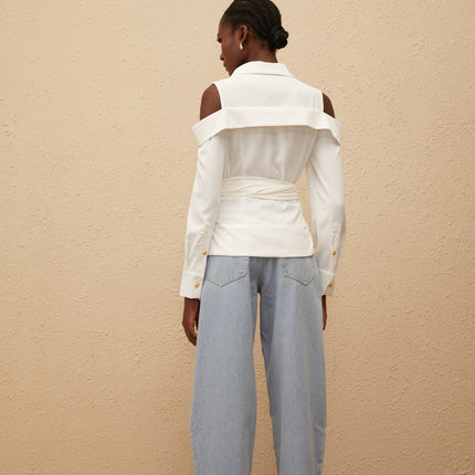 Vada White Terylene Fiber Shirt with Cold Shoulder Cut and Gold-tone Buttons