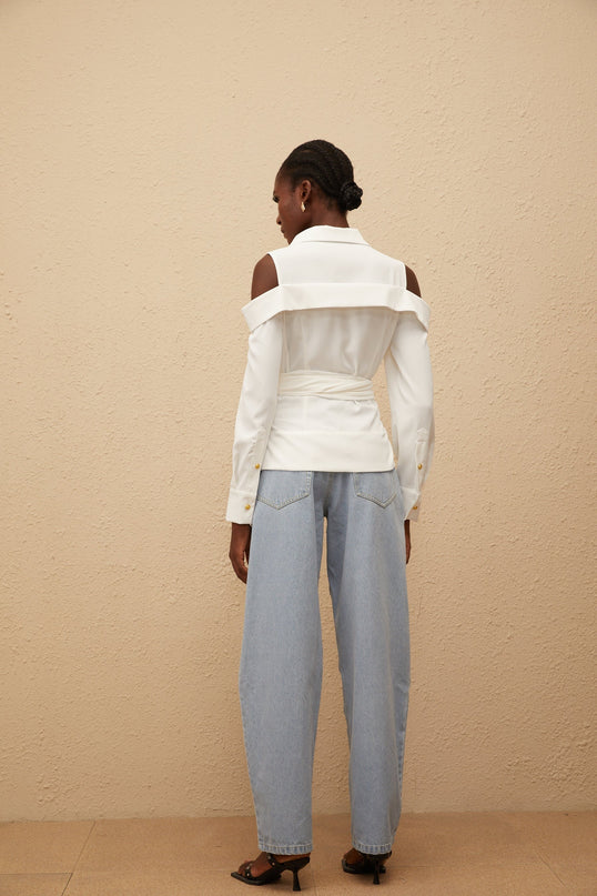 Vada White Terylene Fiber Shirt with Cold Shoulder Cut and Gold-tone Buttons