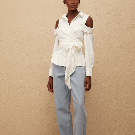 Vada White Terylene Shirt with Cold Shoulder Cut and Gold-Tone Buttons