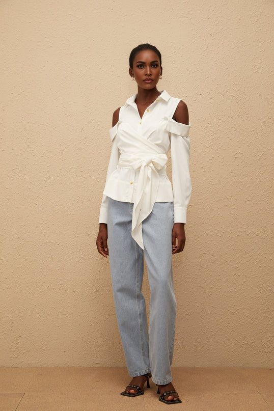 Vada White Terylene Shirt with Cold Shoulder Cut and Gold-Tone Buttons