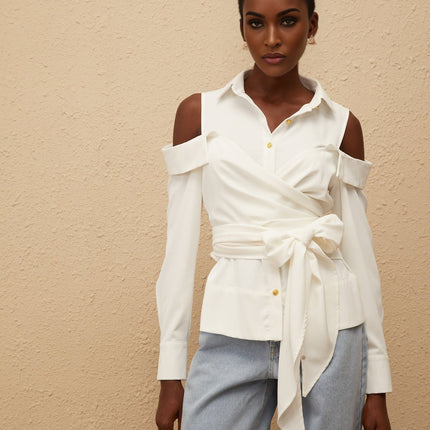 Vada White Terylene Shirt with Cold Shoulder Cut and Ruched Detailing