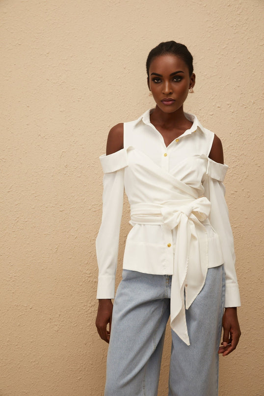Vada White Terylene Shirt with Cold Shoulder Cut and Ruched Detailing