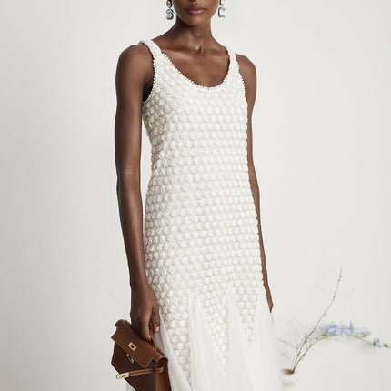 Vada White Tulle Faux-Flower Embellished Sleeveless Midi Dress