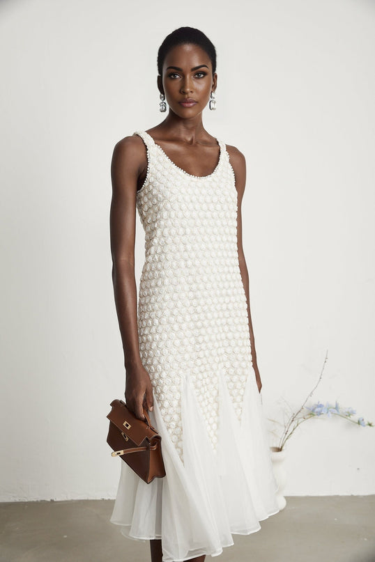 Vada White Tulle Faux-Flower Embellished Sleeveless Midi Dress