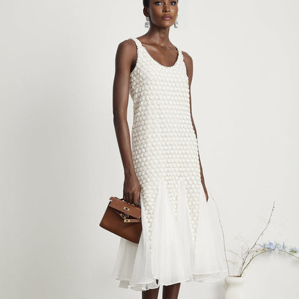 Vada White Tulle Faux-Flower Sleeveless Midi Dress